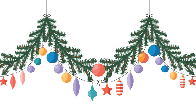 Vector illustration of a festive christmas garland with green pine branches and colorful hanging ornaments