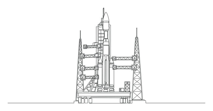 Continuous line drawing of a large space rocket on a launchpad perfect for engineering concepts and education