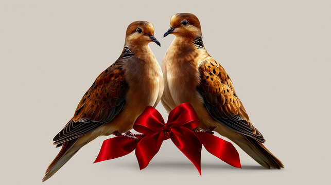 Two Mourning Doves with a Red Bow Symbolizing Love and Partnership