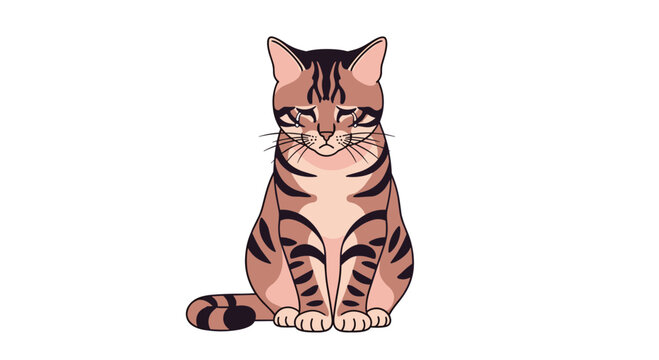 Sad tabby cat sits with its head down and large tears in its eyes expressing deep sorrow and painful loneliness.