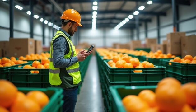 Worker in hard hat checks smartphone by bins of fresh oranges in warehouse. Man inspects citrus fruit ready for packing and shipment. Food logistics in storage.