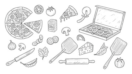 Hand drawn pizza elements with food ingredients and cooking tools for culinary applications