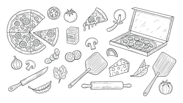 Hand drawn pizza elements with food ingredients and cooking tools for culinary applications