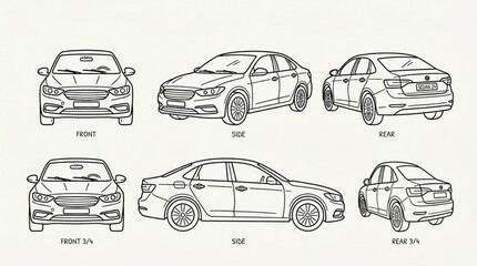 Obraz premium Automobile technical drawing blueprint multiple views.