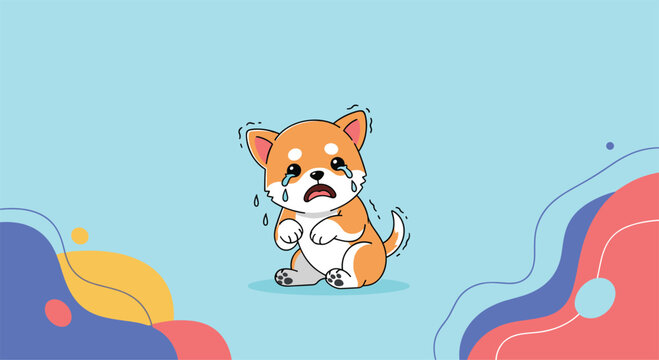 Adorable shiba inu puppy sits shivering and crying with large tears against a vibrant and colorful abstract background.