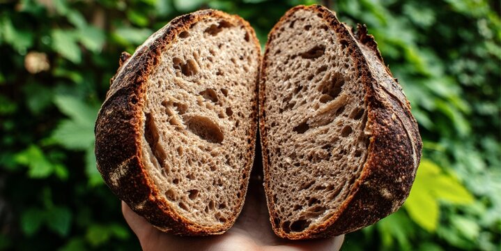 Artisan sourdough bread cut in half with rustic crust and airy crumb for bakery branding and organic food marketing.