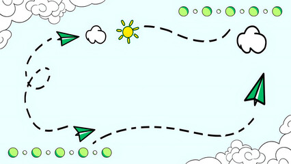 Whimsical journey path illustration with paper airplanes, sunny sky, and fluffy clouds, symbolizing progress, planning, and aspiration