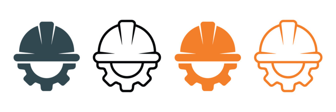 Construction Helmet Gear Icon Set with Workwear, Cogwheel, Safety Protection and Engineer Symbols for Industrial Design Vector Pack Elements