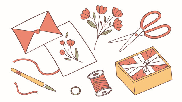 Vector illustration set of creative craft supplies and handmade letter writing accessories with supplies