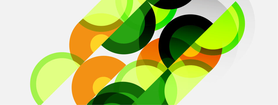 Abstract composition features overlapping circles, vibrant greens, oranges, blacks. Modern design with translucent shapes creates dynamic visual effect.