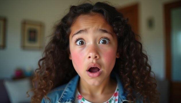 Young girl shows shocked expression, eyes wide open, cheeks flushed pink. Her mouth is agape in surprise. She wears a denim jacket over a floral shirt.