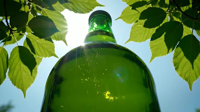 Green glass bottle against bright blue sky framed by summer leaves. Sunlight glows through refreshing liquid with bubbles and lens flare. Healthy hydration and eco-friendly packaging concept.