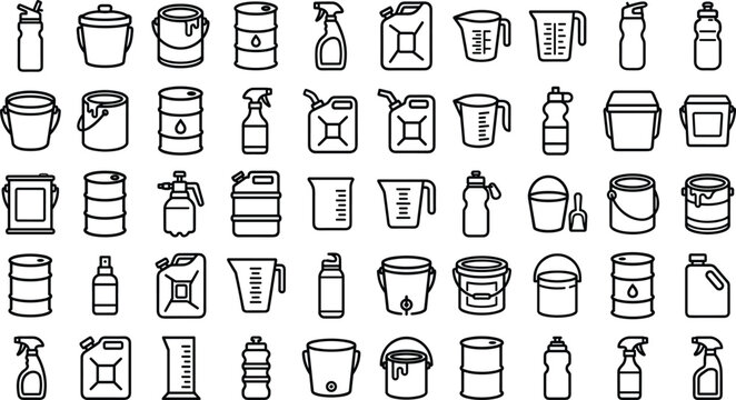 Industrial and Chemical Liquid Packaging Line Icon Set Featuring Paint Cans Oil Drums Jerrycans Spray Bottles and Measuring Beakers for Hardware Store Graphics