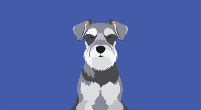 Calm schnauzer dog portrait with its eyes closed against a deep blue background showing peace and serenity in vector art.