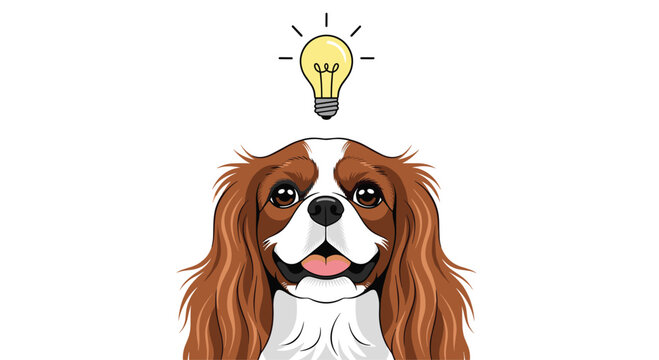 Cheerful cavalier king charles spaniel dog with a glowing lightbulb idea symbol above its head in a cute vector illustration.