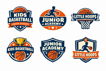 Naklejka premium Kids basketball junior academy and little hoops logo set for youth sport