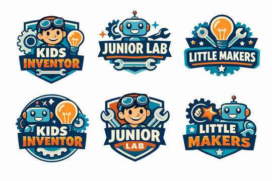 Junior Lab, Kids Inventor, Little Makers logo badges for STEM education and robotics