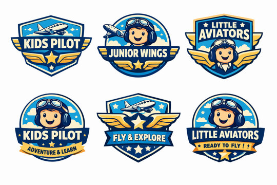 Kids pilot and junior aviators badges with airplanes, stars, and wings designs