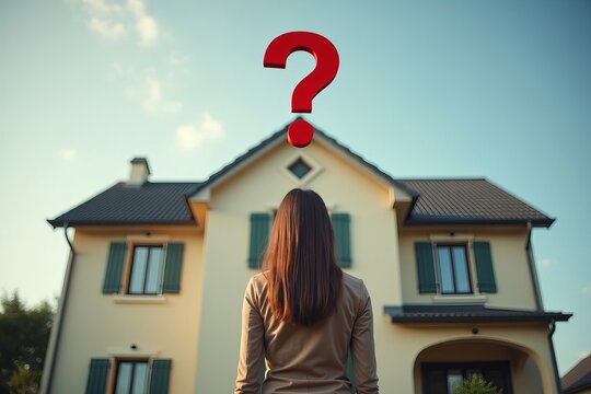 Confusion and Uncertainty in the Real Estate Market: Woman Standing in Front of House with Question Mark Hovering Above