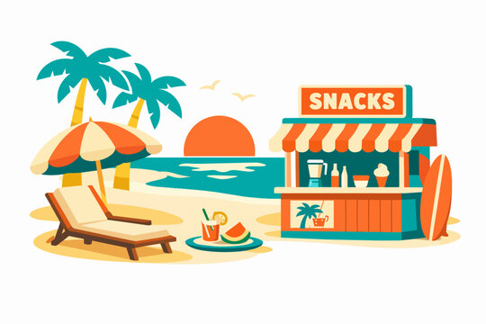 Beach snack shack providing refreshing drinks and treats at tropical sunset vacation