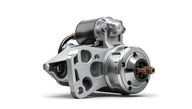 A silver automotive starter motor is showcased against a white backdrop for advertising or technical illustration.