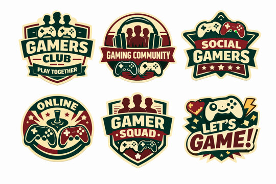 Gaming badges collection with console controllers and gamer community logos