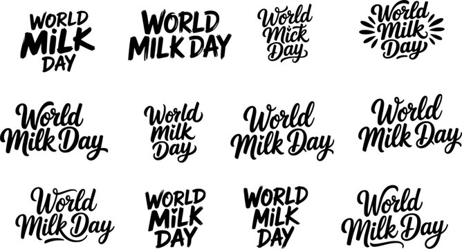 World Milk Day typography bundle with multiple decorative lettering styles in black and white, diverse calligraphy and font variations set for dairy awareness poster, banner and greeting design