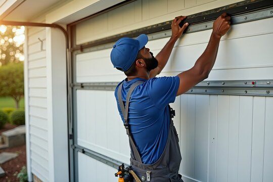 Black contractor servicing and installing garage door at residence.