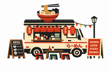 Naklejka premium Japanese ramen food truck selling street food, udon, gyoza, and drinks