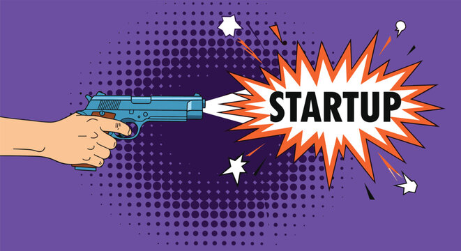 Hand holding a pistol firing a shot that results in a comic book explosion with the word STARTUP on a vibrant purple background.