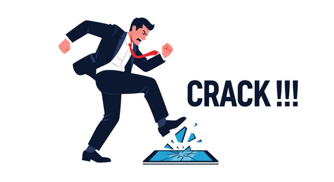 Furious businessman in a suit stomps on a digital tablet with a large CRACK !!! text, symbolizing tech frustration or failure.