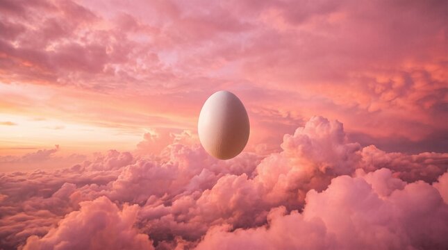 A single white egg floating in the sky above a sea of pink and orange clouds at sunset