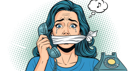 Fototapeta premium Distressed woman with a gag over her mouth cries while holding a telephone receiver in a dramatic comic book scene.
