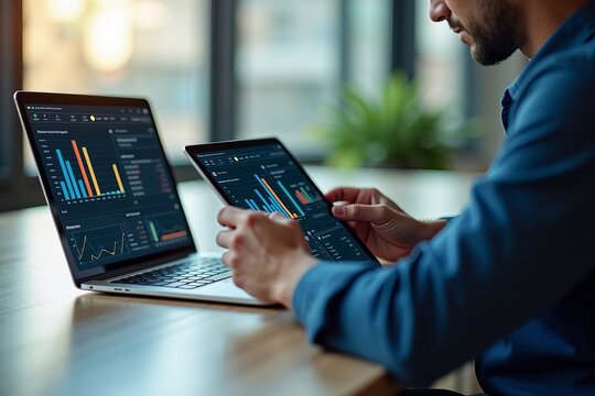 Focused KPI Data Analyst Analyzing Data on Digital Dashboard with Laptop and Tablet
