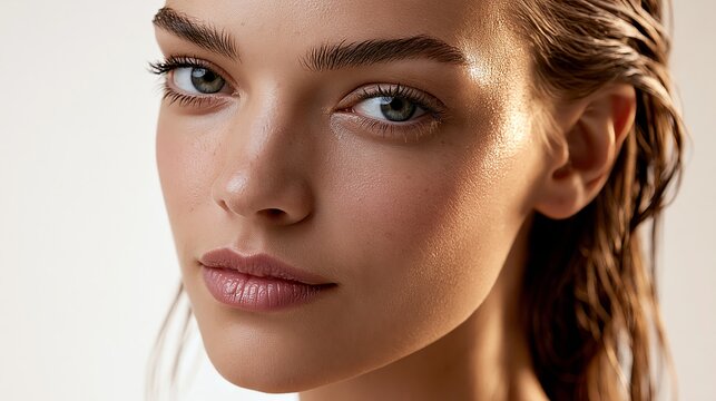 A clean beauty portrait photograph of a supermodel woman in her 20s, cropped from face to shoulders, lean facial features, high cheekbones, smooth natural skin with visible soft texture