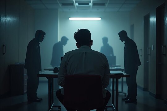 A man's struggle with impostor syndrome and depression in a dimly lit office filled with shadowy figures.