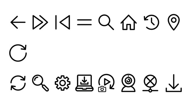 Black line icons showing navigation search refresh settings download webcam play button and location symbols representing digital interface functions