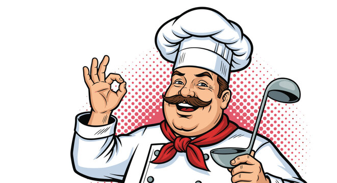 Smiling chef with a mustache and tall hat gives an okay hand gesture while holding a large soup ladle in his hand.