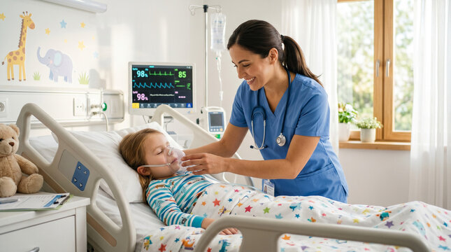 Nurse adjusting oxygen mask on sedated child in pediatric ward