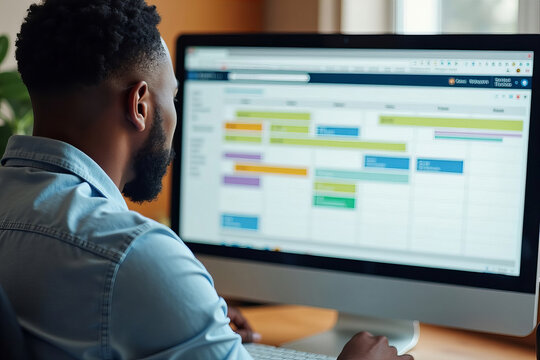 African American Male Organizing Staff Schedules with Gantt Calendar Software on Computer Screen