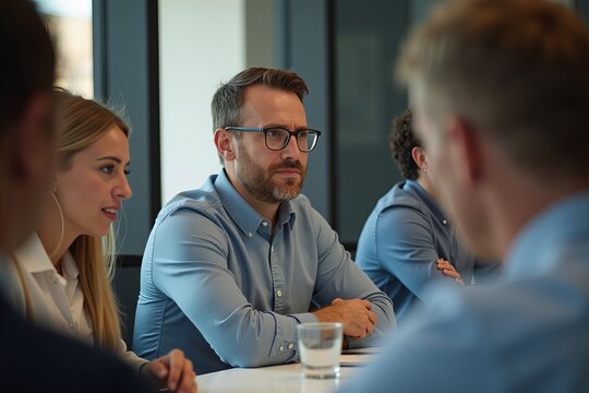 A tired male manager attending a meeting with diverse colleagues, looking disinterested during presentation.