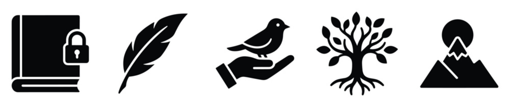 Diverse set of black glyph icons representing universal concepts of wisdom and nature