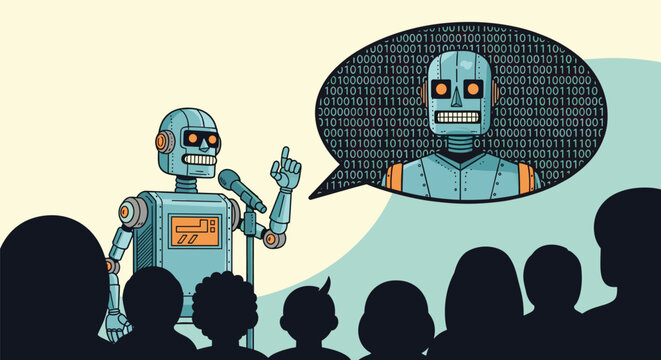 Robot standing at a microphone giving a speech to a crowd of people with a binary code thought bubble showing its digital mind.