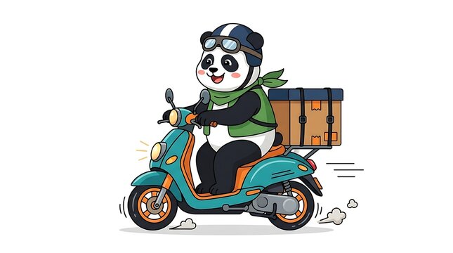 Cheerful cartoon panda swiftly delivering packages on a vibrant scooter, an efficient and adorable express service