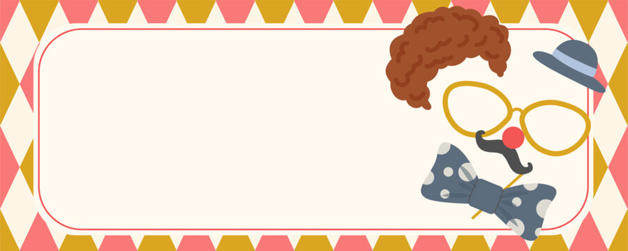 Horizontal banner. A horizontal vector illustration template decorated with a diamond pattern and whimsical accessories like a wig, glasses, and a mustache.