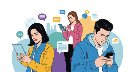 Group of young people is deeply engaged in their smartphones and tablets for social media communication in a city.
