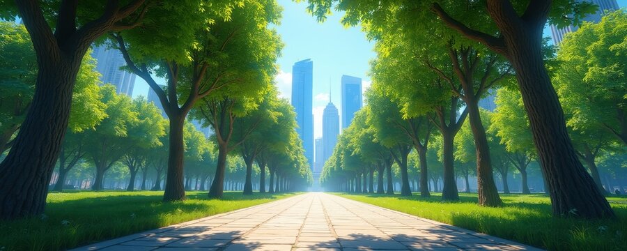 Pathway leads through green park towards city skyscrapers. Tall trees line the walkway, creating a serene, sunlit urban escape on a clear day.