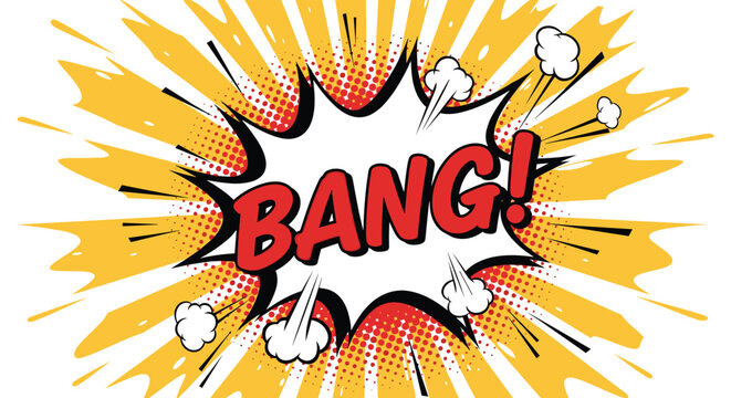 Loud bang explosion bubble with yellow rays and comic style text bursts across a white background with energy.