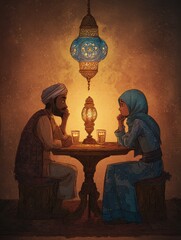 Obraz premium Middle Eastern couple engaged in an honest conversation at home during the evening