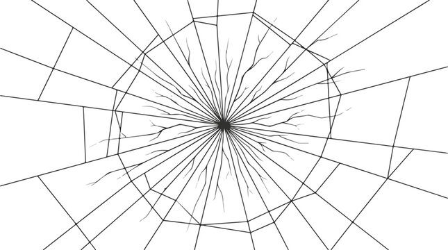 Shattered Glass Crack Pattern with Radial Impact Point and Fracture Lines